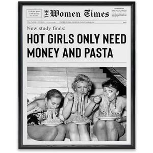 KBKBART Retro Hot Girls Only Need Money And Pasta Framed Wall Art Trendy Black And White Canvas Poster Vintage Woman Times Newspaper Prints Wall Decor for Dorm Bedroom 8x10in