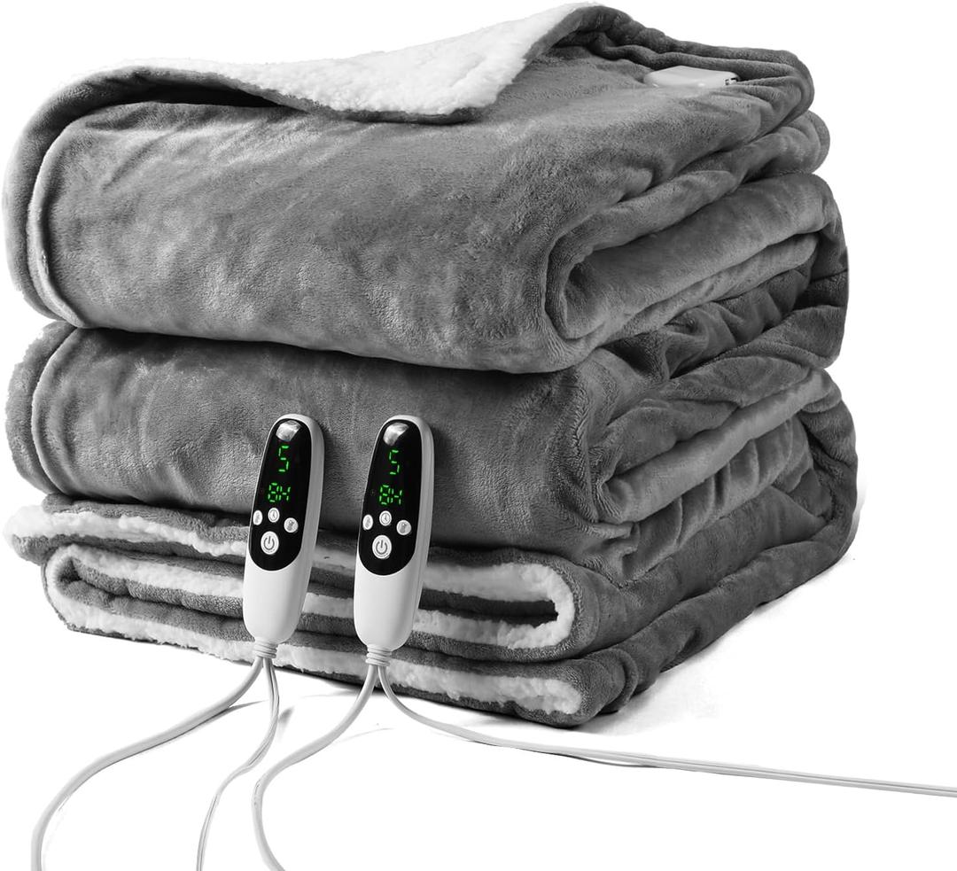 Flannel Electric Blanket King Dual Control, Heated Blanket with 20 Heat & 10 Timer Settings, Auto Shut-Off & Overheat Protection, Machine Washable, ETL Certified, 90x100 in, Gray