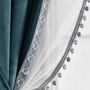 Lush Decor Luxury Vintage Velvet and Sheer with Border Pompom Trim Window Curtain (Single) Panel, 84" L x 42" W, Blue