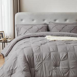 Ellewins Full Comforter Set 5 Pieces Bed in a Bag,Grey Pintuck Pinch Pleat Bedding Set,Modern Luxury Solid Color Comforter with Sheet Set,Soft Microfiber Bed Set for All Season (Grey,82”x84”)