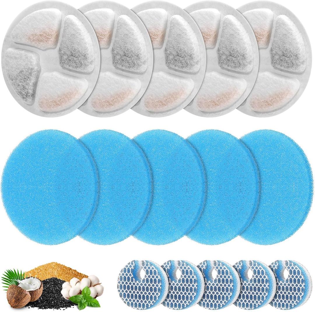 5 Set Cat Water Fountain Filter Replacement for Round 2L/ 67oz Stainless Steel Cat Fountain, ZEKIRY Pet Fountain Filter, Triple Filtration Replacement Filters(5 Filter, 5 Sponge, 5 8D Sponge)