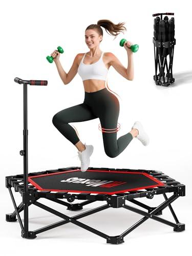 FitNexus 42" Foldable Mini Trampoline- 450lb Capacity Fitness Rebounder w/3-Level Adjustable T-Bar, Adults Workout Trampoline, Non-Slip Pad | Foldable Design for Home/Gym (Black Red)