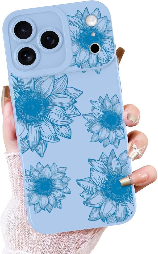 OOK Floral Case for iPhone 17 Pro Max, Cute Blue Sunflower Blooms | Soft TPU, Shockproof Protective Slim Flower Phone Cover for Women Girls