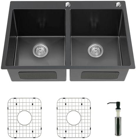 Black Double Bowl Sink - 50/50, 33x22x9-Inch Topmount - Stainless Steel - Drop In - Includes Sink Grid, Soap Dispenser, Drain Strainer