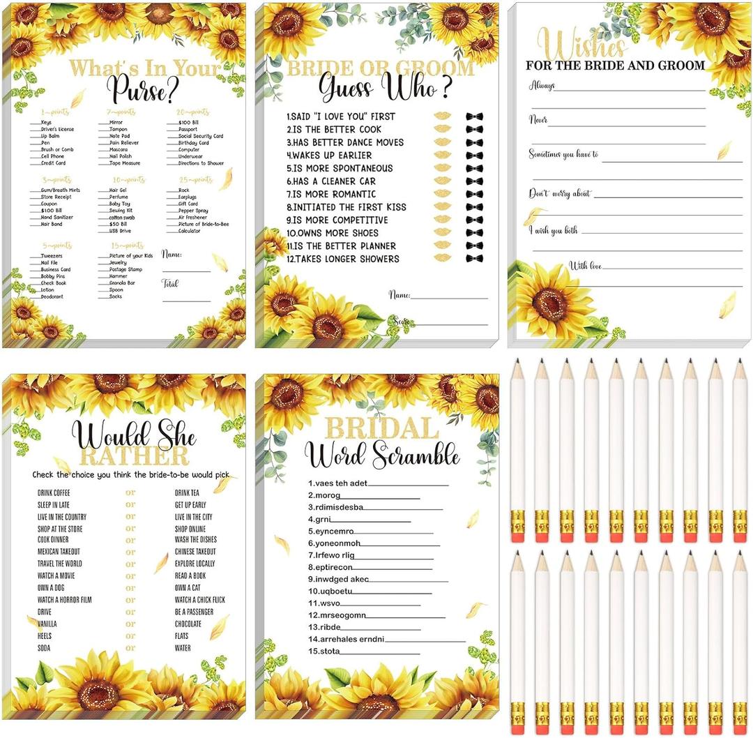 Teling 145 Pieces Bridal Shower Game Bridal Shower Favors Set Wedding Games Cards and Pencils for Bride Groom Bachelorette Party Wedding Party Favor(Sunflower Style), 7.87 X 5.51 Inches , 3.94 Inches
