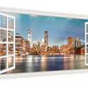 Window View New York Night Canvas Wall Art- City Landscape Canvas Print Pictures Painting Artwork Framed for Living Room Bedroom Bathrom Offce Decor-20"x40"