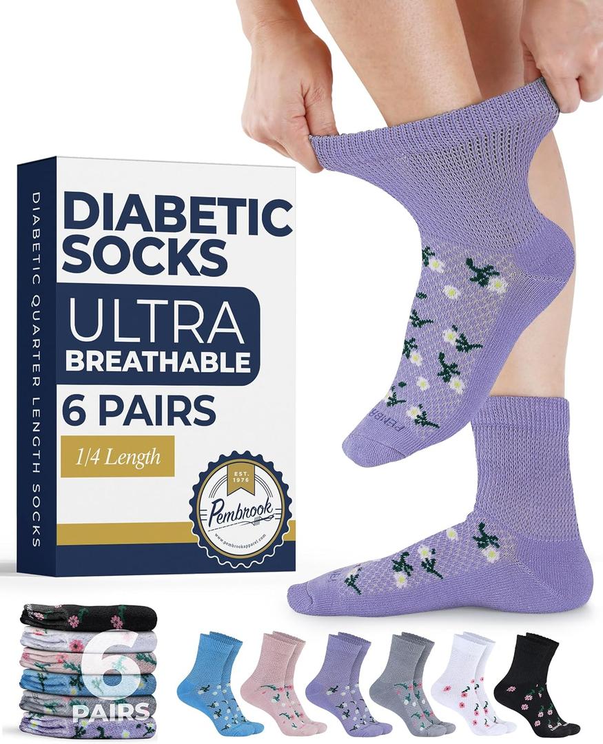 Pembrook Knit Diabetic Socks for Men & Women - 6 Pairs, Wide Non Binding Neuropathy Socks for Women, Smooth Toe Seams