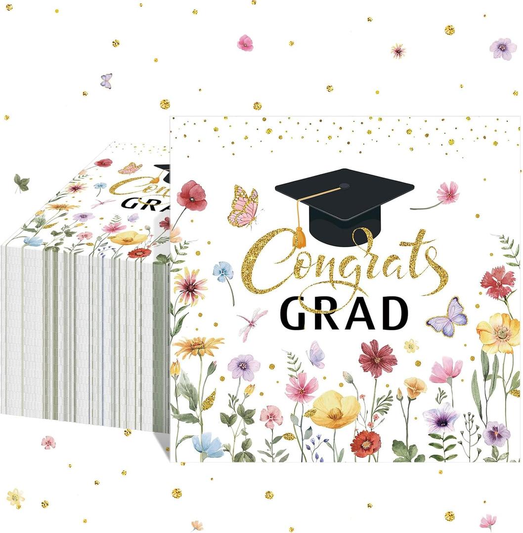 Sabary 100 Pcs Wildflower Graduation Napkins Floral Congrats Grad Party Paper Napkins Class of 2026 Disposable Cocktail Dinner Hand Towels for Freshly Graduated Party Decorations(Colorful)