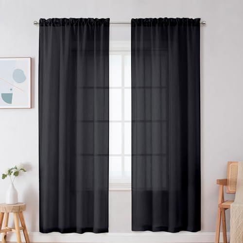 OWENIE Black Premium Sheer Curtains, 2 Panels Set, 42W x 72L, Rod Pocket, Polyester, Light Filtering, Living Room, Kitchen Room, Modern Style