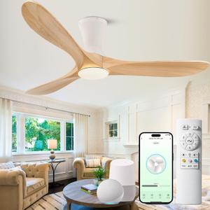 52 inch Smart Flush Mount Ceiling Fans with Lights, Low Profile Ceiling Fan with WIFI Alexa and App Remote Control, Quiet DC Motor, 3 Blades Wood Modern fan for Indoor Outdoor Bedroom Patio, Nature