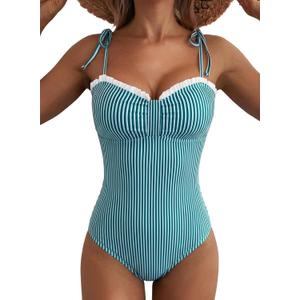 Herseas Womens Striped One Piece Swimsuits Tie Shoulder High Cut Tummy Control Bathing Suit 2026 Summer Beach Swimwear XL