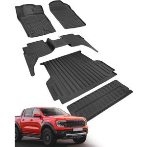 2024 2025 2026 Full Sets Floor Mats for Ford Ranger SuperCrew Cab | 5FT Bed Mat with Tailgate Mat, All Weather for Truck Bed Liners for XLT Raptor XL Lariat, HeavyDuty, Anti Slip Accessories