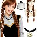 Anogol Hair Cap+ (1 Necklace) Long Brown Braided Ponytails Wig Brown Braids Princess Wigs Women Princess Cosplay Halloween Anime Party Costume Auburn Wig with Blonde Highlight Brown Braided with Bangs
