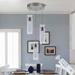 Pendant Light Kitchen Island with Remote Control, Dimmable & Adjustable Color Temperature 3000K/4000K/6000K, Modern Brushed Nickel & Clear Glass Lighting Fixture for Dining Room