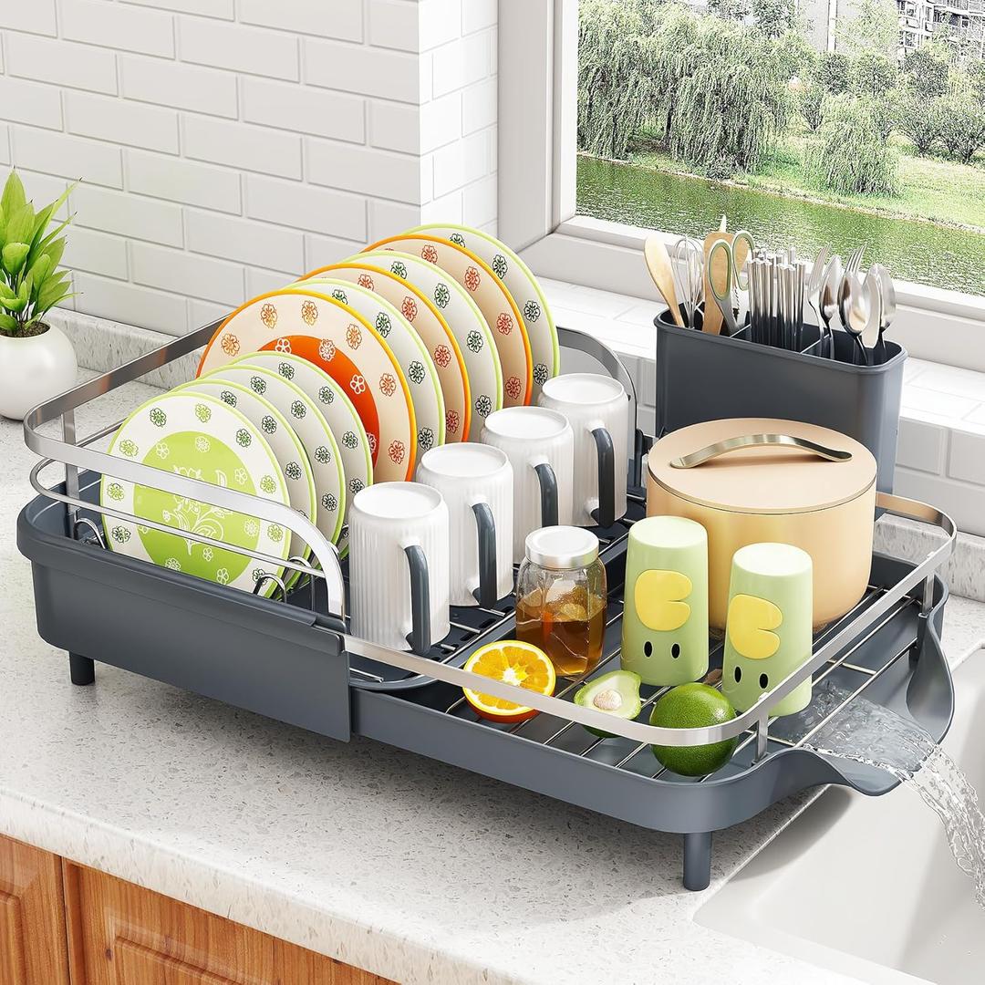 SAYZH Dish Drying Rack - Expandable Dish Rack for Kitchen Counter, Rust-Resistant Dish Drainer with Utensil Holder and Raised Guardrail, Kitchen Organizer for Cup and Bottle (Grey) (Gray)