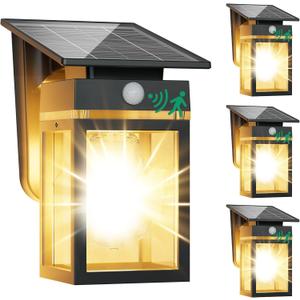 Cybrasc 4 Pack Solar Porch Lights Outdoor, Dusk to Dawn & Motion Sensor Wall Light with Lantern Shape, 3 Modes IP65 Waterproof, E26 Bulb Exterior Sconce for Front Porch, Garage, Patio Security