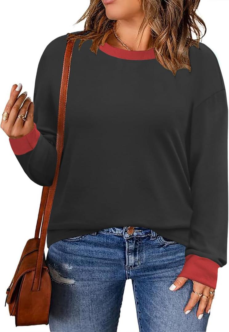 DOLNINE Womens-Plus-Size-Sweatshirts Color Block Long Sleeve Tops Fall Casual Crewneck Shirts Trendy Loose Fit Tunics XL-5XL (Black, XL)