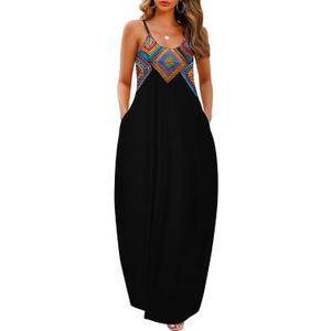 Wolddress Womens Maxi Dress with Pockets 2026 Casual Strap Plus Size Loose Plain Long Office Summer Beach Travel Dresses S-5X (Medium, Z-black Retro)