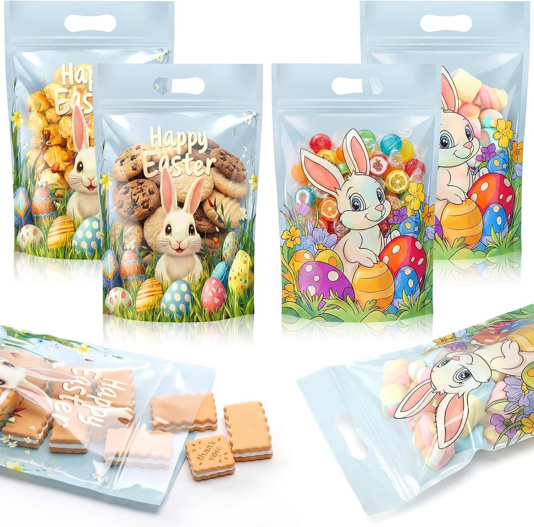 Gueevin 50 Pcs Easter Sealing Treat Zipper Bag Bulk with 9x6.1 Inch Resealable Bunny Plastic Clear Sealing Bags Pouches with Handles for Egg Hunt Holiday Party Candy Gift Wrap Supplies Decoration