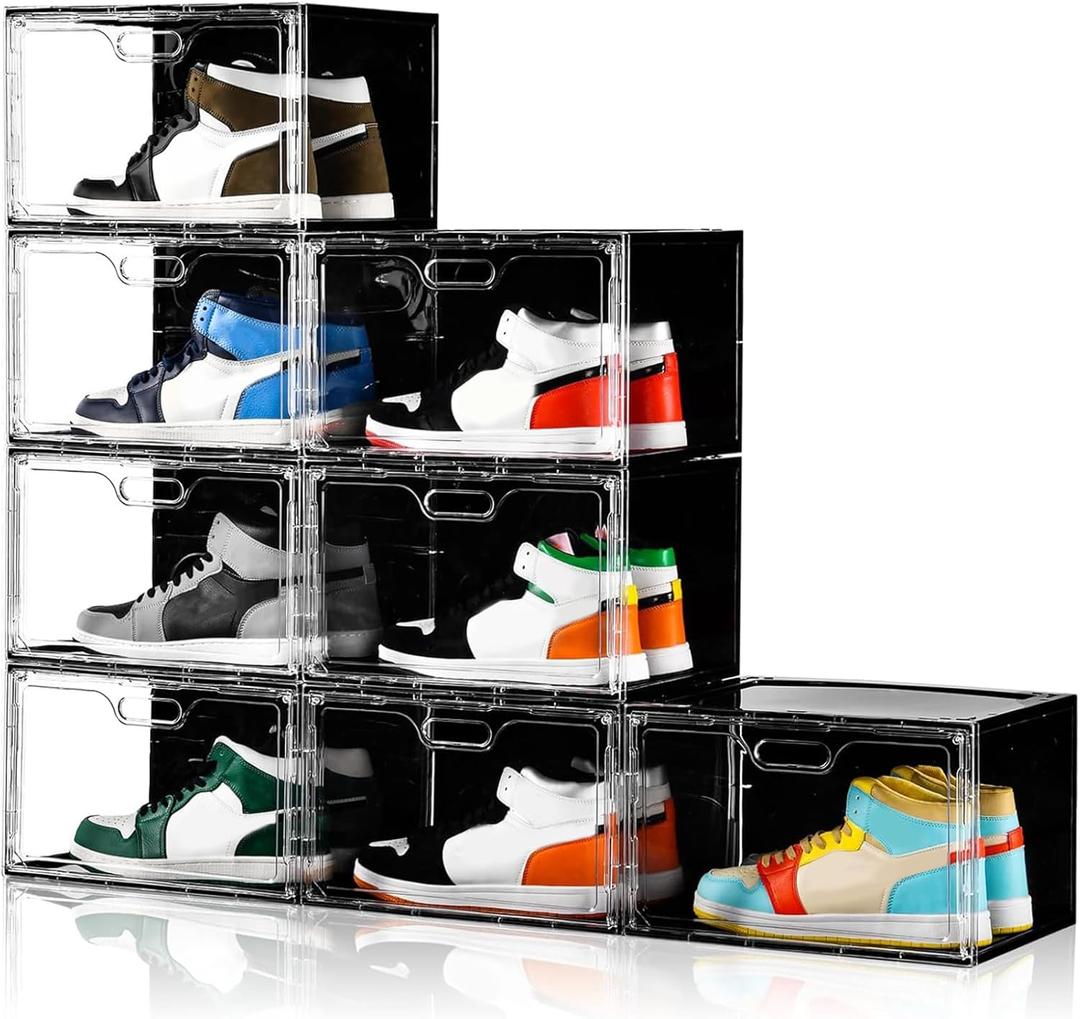 Amllas New 8 Pack Shoe Boxes Stackable, Large Shoe Storage Organizer with Lids,Drop Side Shoe Containers for Entryway,Sneaker Storage Fit up to US Size 13 for Men/Women(13x 10.6x 8.3) (Clear and Black)