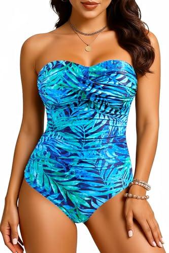 Yonique Womens Strapless One Piece Swimsuit Tummy Control Bandeau Bathing Suits Slimming Twist Front Swimwear Blue and Green Leaf XL