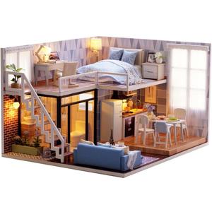 MAGQOO 3D Wooden Dollhouse Miniature DIY House Kit with Furniture,1:24 DIY Dollhouse Kit Dust Proof Included (Blue Times)