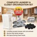 Rolling Laundry Hamper Bundle with 50 Clothes Hangers & 60 Closet Organizer Hooks - Wheeled Laundry Basket Set with Non-Slip Hangers and Space Saver Hooks for Bedroom Closet Organization（White）, 17.12*13.58*24 inch
