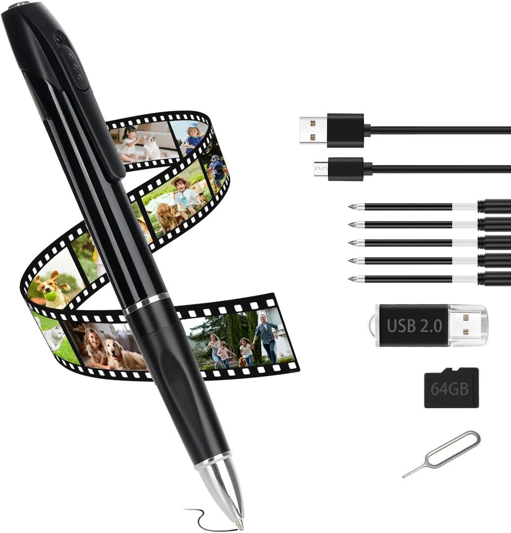 64GB Mini Camera Pen Camera, HD 1080P Small Security Camera, 64GB Rechargeable Nanny Cam (Premium Black)