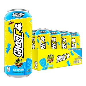 GHOST Energy Drink - 12-Pack, Sour Patch Kids Blue Raspberry, 16oz - Energy & Focus & No Artificial Colors - 200mg Natural Caffeine, L-Carnitine & Taurine - Gluten-Free & Vegan, Best By: 10/2026