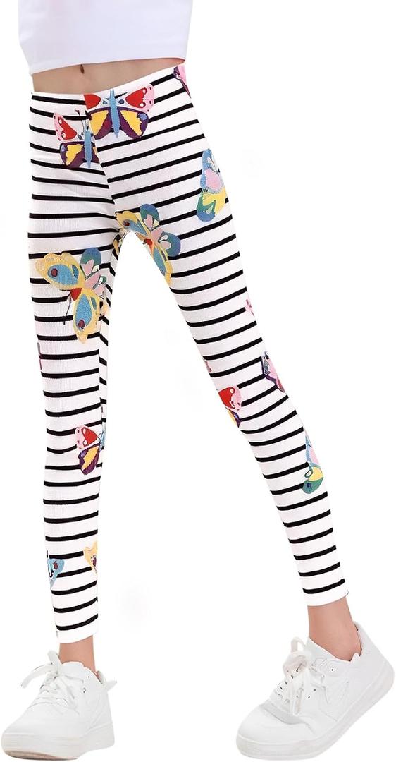 Haloumoning Kids Girls Striped Leggings Toddler Cute Elastic Waist Printed Pants 3-10 Years, 100 (White)