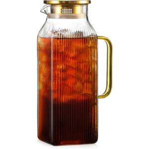 2 Liter/68 oz Square Glass Pitcher with Lid, Classic Stripes Water Pitchers with Handle for Fridge, Large Jug for Iced Tea, Coffee, Borosilicate Glass Carafe for Hot/Cold Brew Drink, Gold