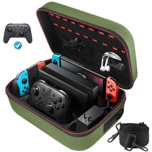 COOWPS Switch Case for Nintendo Switch and Switch OLED Model, Portable Full Protection Carrying Travel Bag with 18 Game Cards Storage for Switch Console Pro Controller Accessories Green