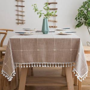 Oubonun Tablecloths for Rectangle Tables, Cotton Linen Waterproof Farmhouse Table Cloth with Boho Tassels  Wrinkle Free, Wipeable & Washable for Kitchen & Dining, 55''x120'', 10-12 Seats (Light Coffee Plaid)