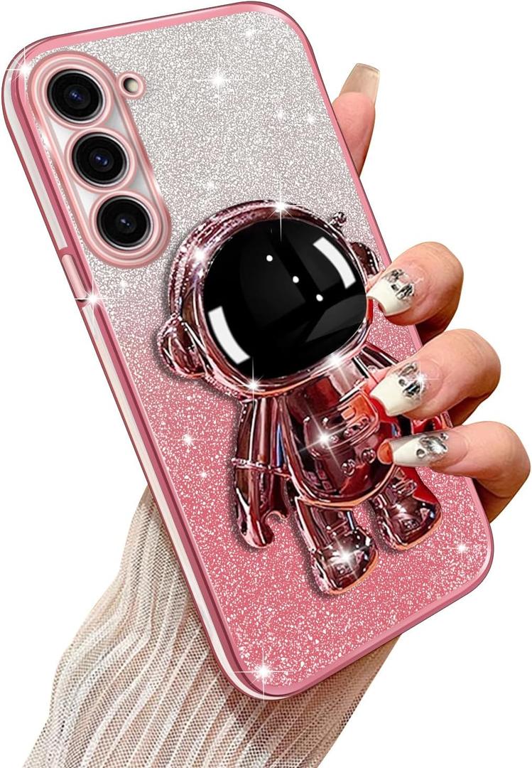 Phone Case for Samsung Galaxy S23 with Astronaut Kickstand and Lanyard Soft TPU Bling Clear Shockproof Protection Cover for Galaxy S23 Case, Rose Gold