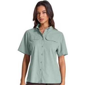 Womens Safari Hiking Sun Shirts Sun Protection Quick Dry Short Sleeve Button Shirts (Green, S)