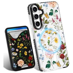 Toycamp for Samsung Galaxy S25 Plus Case - Compatible with Magsafe Credit Card Holder Wallet Magnetic Cute Women Teen Girls Kawaii Girly Unique Flower Floral Design Phone Cover for Samsung S25 Plus 2 PACK