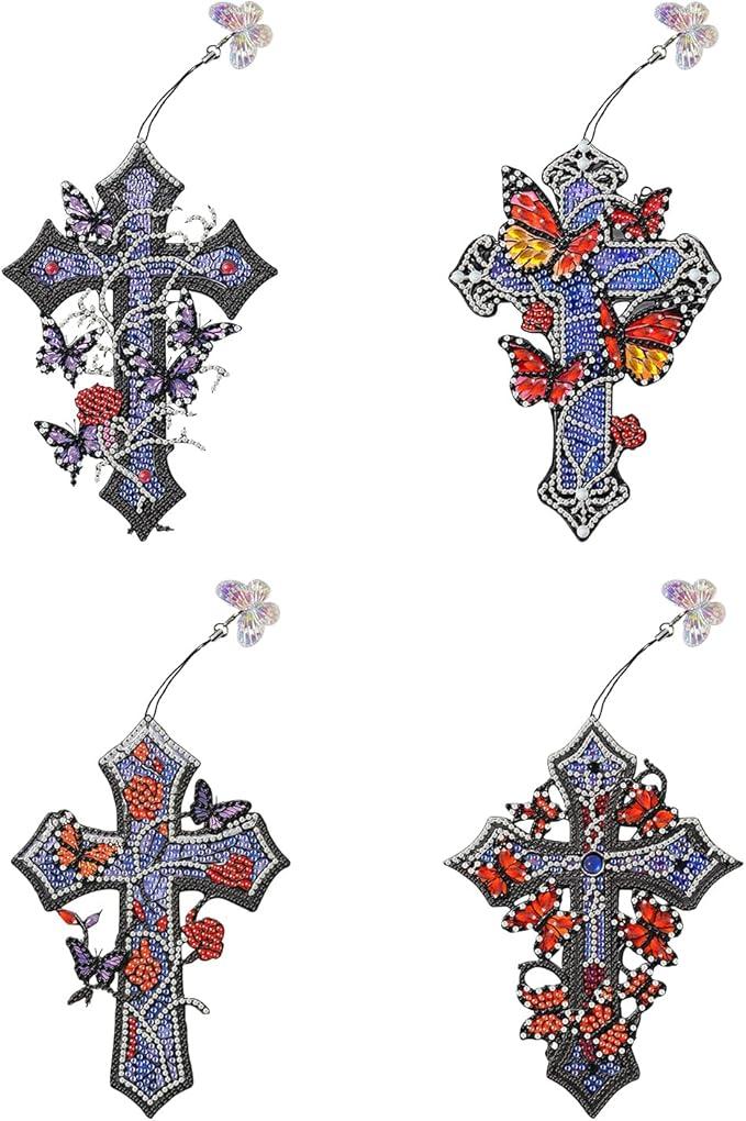Puraikcmi 4 PCS Cross Diamond Art Bookmarks,Religious Christian Diamond Paintings Bookmarks Kits with Tassels,Special Shape Crafts Decoration Gift Set for Book Lovers Beginners Adults