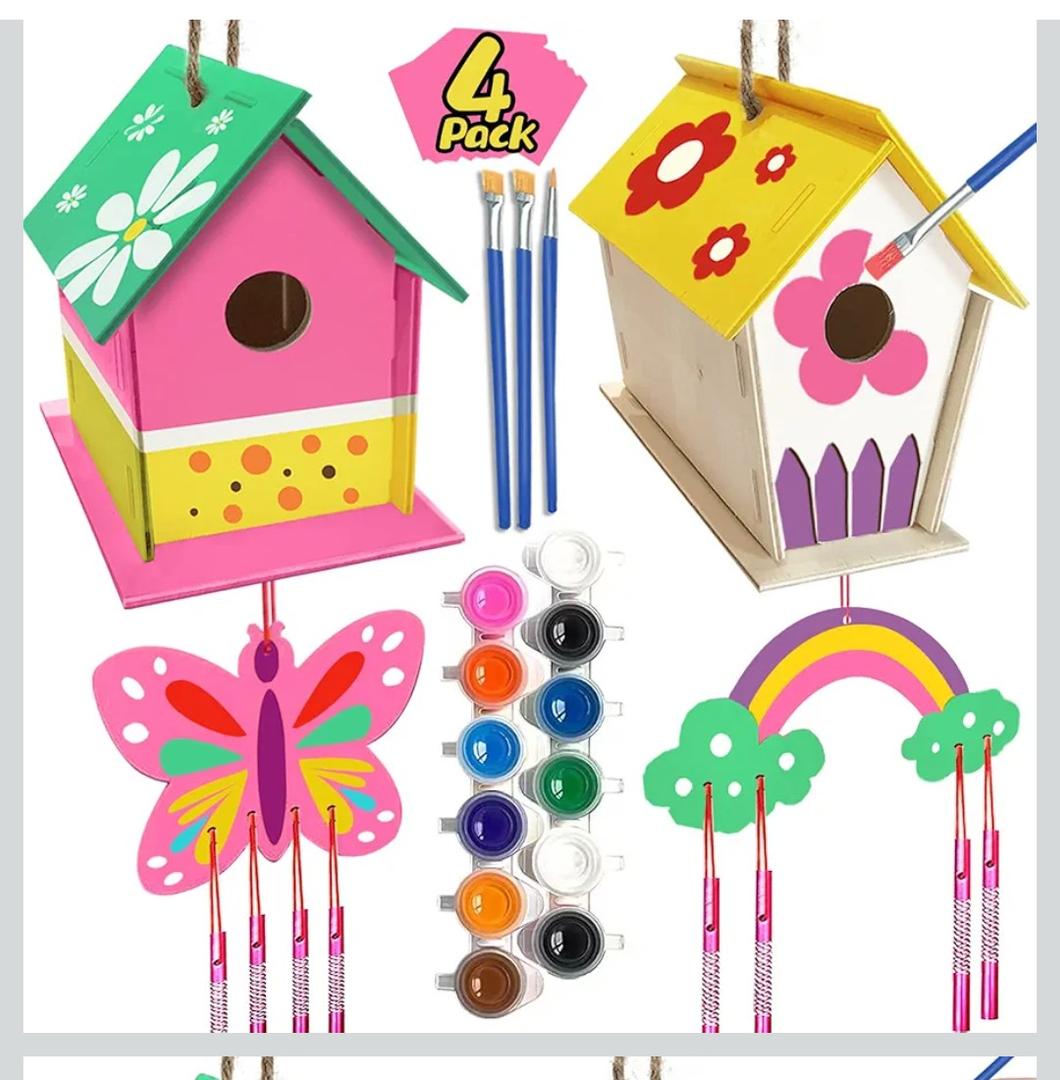 Crafts for Kids Ages 4-8 - 4 Pack DIY Bird House Wind Chime Kit - Build and Paint Birdhouses Wooden Arts Kits Easter Basket Stuffers Gifts for Girls Kids Boys Toddlers Ages 3-5 4-6 6-8 8-12