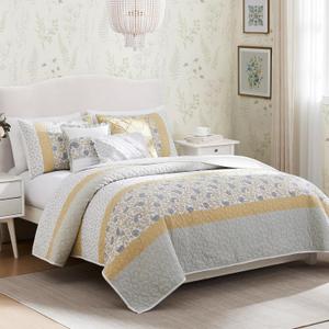 Madison Park 100% Cotton Quilt Set Floral Print, Double Sided Stitching, All Season, Lightweight Coverlet Shabby Chic Bedding Layer, Matching Shams, Full/Queen, Yellow 6 Piece