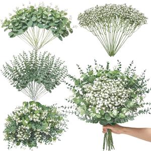 Serwalin 100 Pcs Mixed Artificial Eucalyptus Stems,Babys Breath Artificial Flowers Bulk with Faux Eucalyptus Leaves Greenery Stems for Wedding DIY Bouquets Floral Arrangement Home Decor