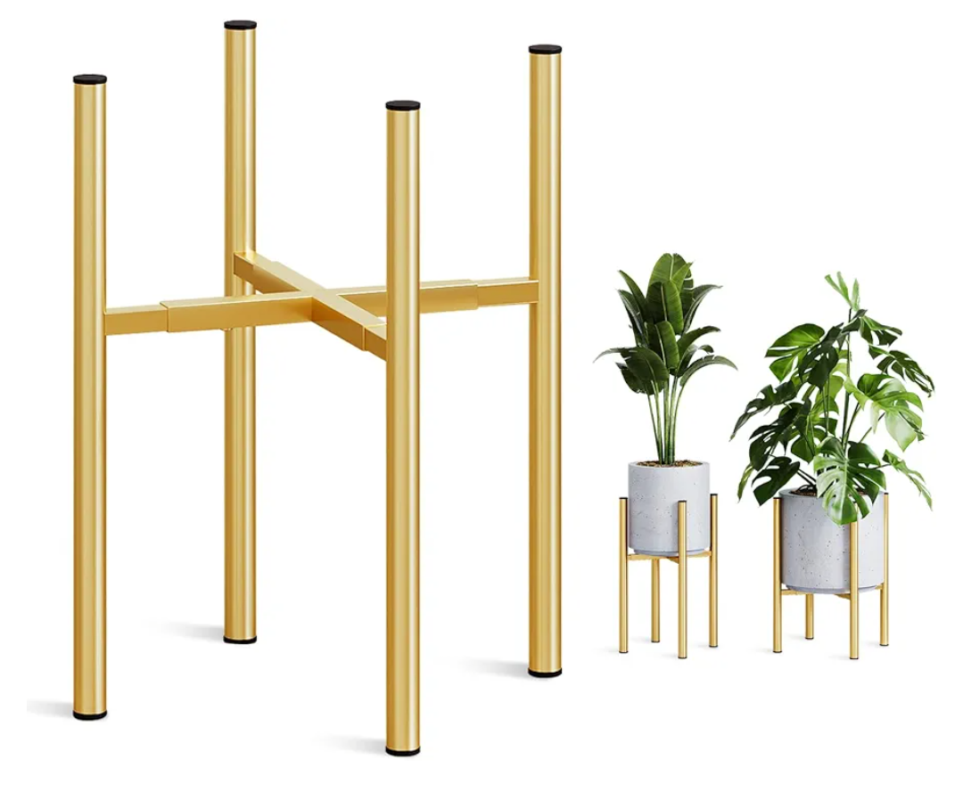 Adjustable Metal Plant Stand Indoor, Mid Century Modern Outdoor Planter Holder for 8 to 14 Inch Pots, Heavy Duty 160 LB Load, Corner Floor Stand for Home Garden Decor Golden