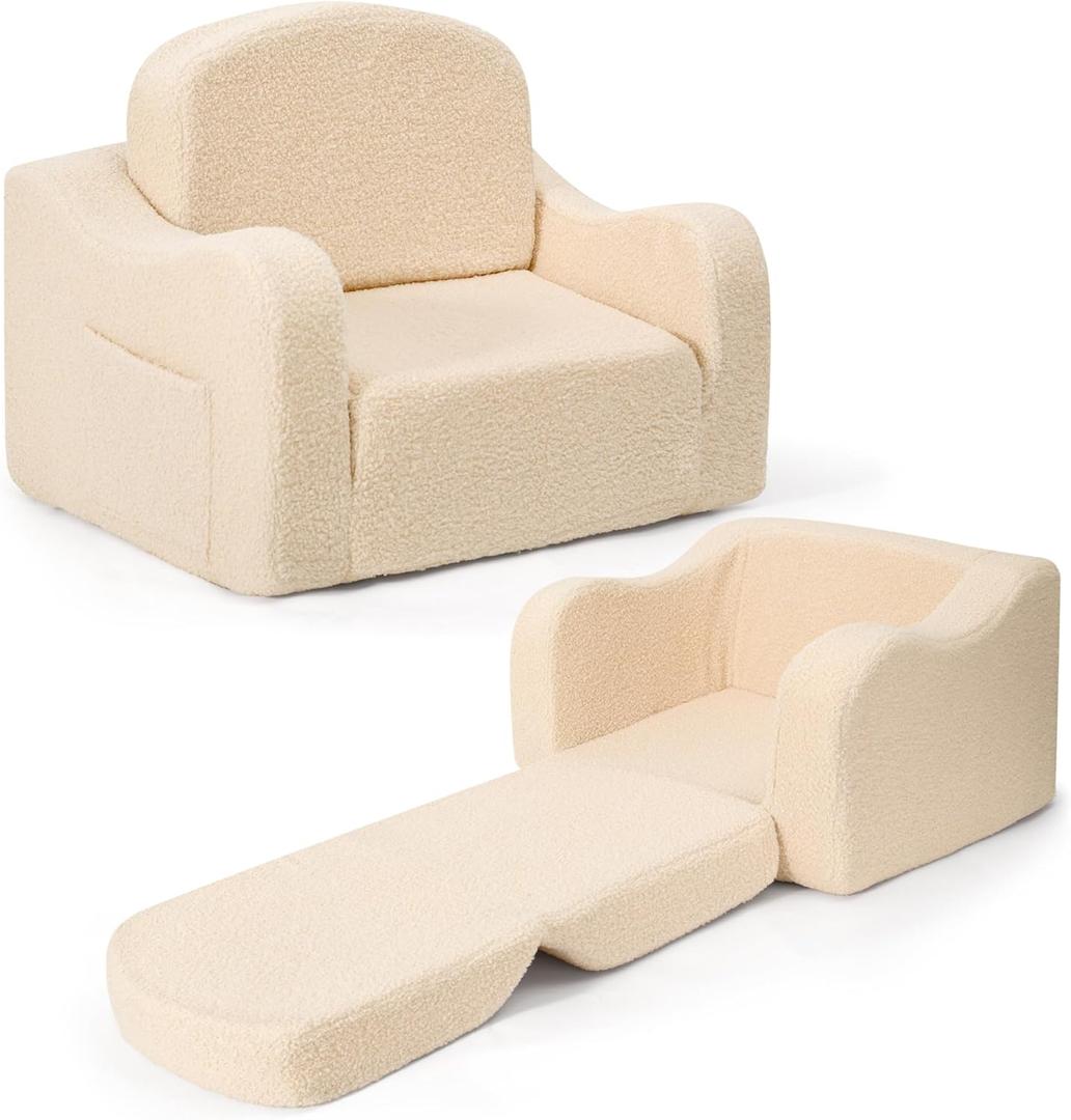 Comfy Toddler Chair & Kids, 2-in-1 Soft Couch Fold Out for Kids, Toddler Chairs Comfy 1-3 Years Old, Convertible Plush Sofa to Lounger for Girls and Boys, Beige