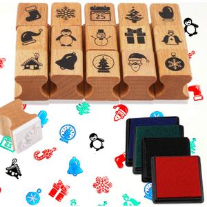 HOWAF Wooden Christmas Stamps for Kids Crafting Card Making, Stamps Pack for DIY Painting Christmas Party Bag Fillers Favor Supplies Xmas, with Ink Pad