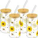 4 Sets Bee Glass Cups for Bee Lover 16 oz Clear Honey Sunflower Glass Cups with Bamboo Lids and Straws Cute Birthday Cup Gifts for Women, Mom, Friends, Bestie, Sister, Coworker