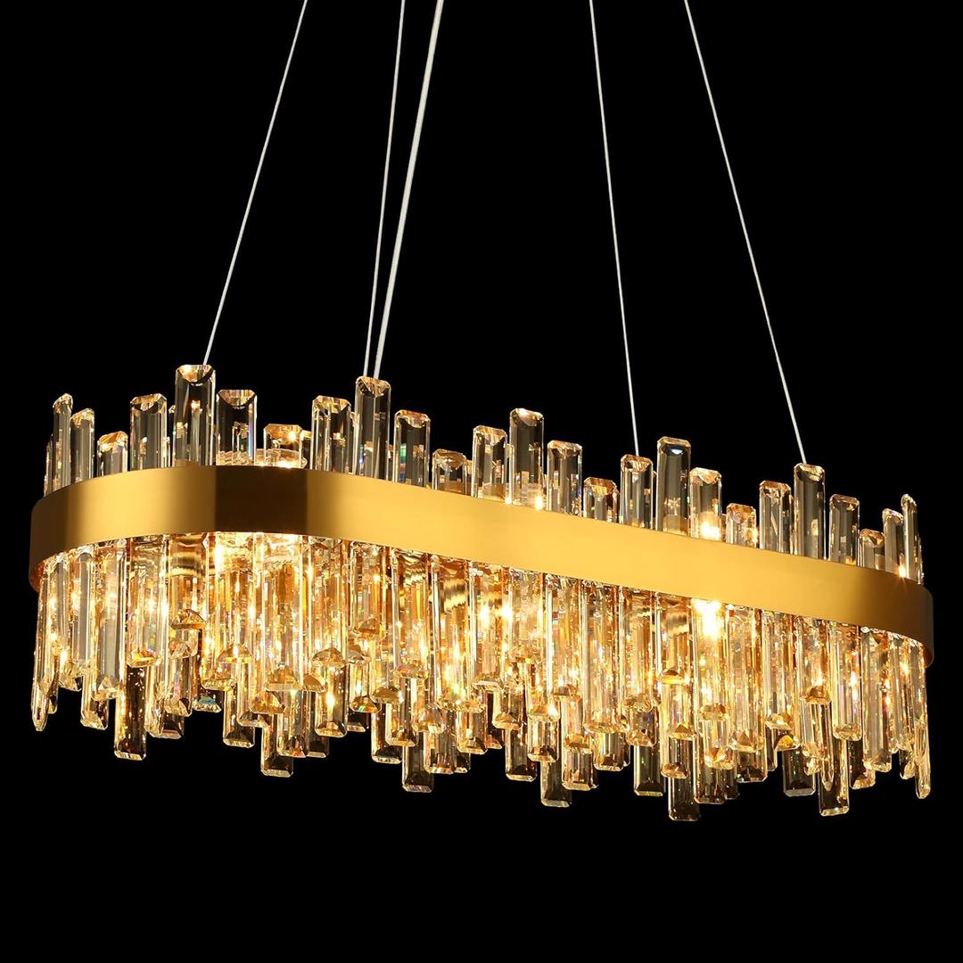 Gold Crystal Chandeliers for Dining Room Lights Fixtures Over Table, 16 Lights Modern Rectangle 2-Tier Chandeliers for Kitchen Island Bar L32 Inch (Brass)