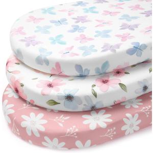 Baby Bassinet Sheets Girl, 3 Pack Fitted Bassinet Mattress Sheets, Compatible with Halo Bassinest Swivel Sleeper&Oval Hourglass Rectangle Mattress,Ultra Soft Butterfly Floral (32 x 16, Pink Butterfly Flower)
