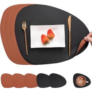 Myir JUN Placemats, Dual-Sided Placemats Waterproof Faux Leather Placemats Set of 6 Place Mats and Coasters Non-Slip Washable Table Mats for Dining Table (Black Brown, Set of 6)