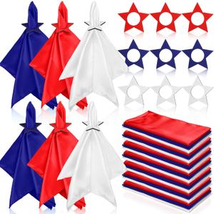 12 Sets Patriotic Cloth Napkin with Wooden Star Napkin Rings Red White Blue 4th of July Independence Day Reusable Cocktail Fabric Ring Holders for Wedding Party Dinner Table Supplies