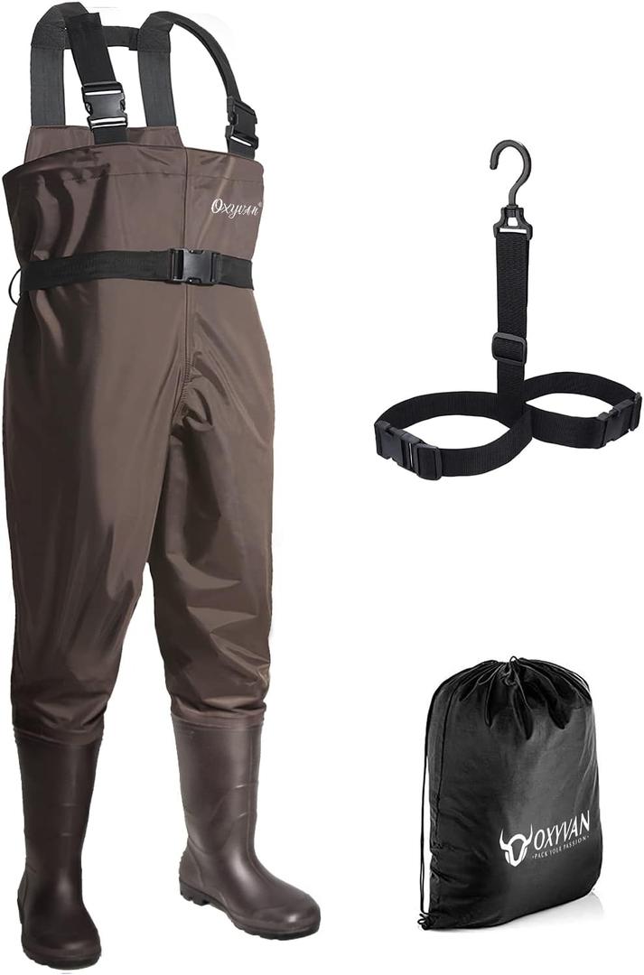 OXYVAN Chest Waders with Boots for Men & Women, Nylon/PVC Lightweight Fishing Wader with Boots Hanger (M10/W12, Brown)