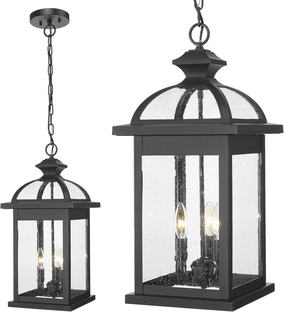 Darkaway Outdoor Pendant Lights for Porch, Extra Large 23inch Outdoor Chandelier 3-Light Hanging Lights Adjustable Hegiht Exterior Chandelier Ceiling Mount with Seeded Glass for House Patio Gazebo (Black)